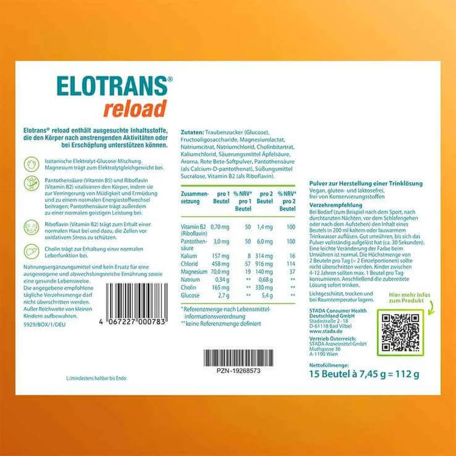 Elotrans Reload, electrolitos en polvo, sabor a manzana, sobre, 2 x 15 x 7,45 g de polvo