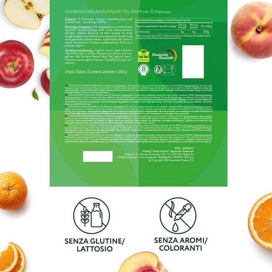 D-manosa en polvo procedente de abedul, complemento alimenticio vegano, 200 g de polvo
