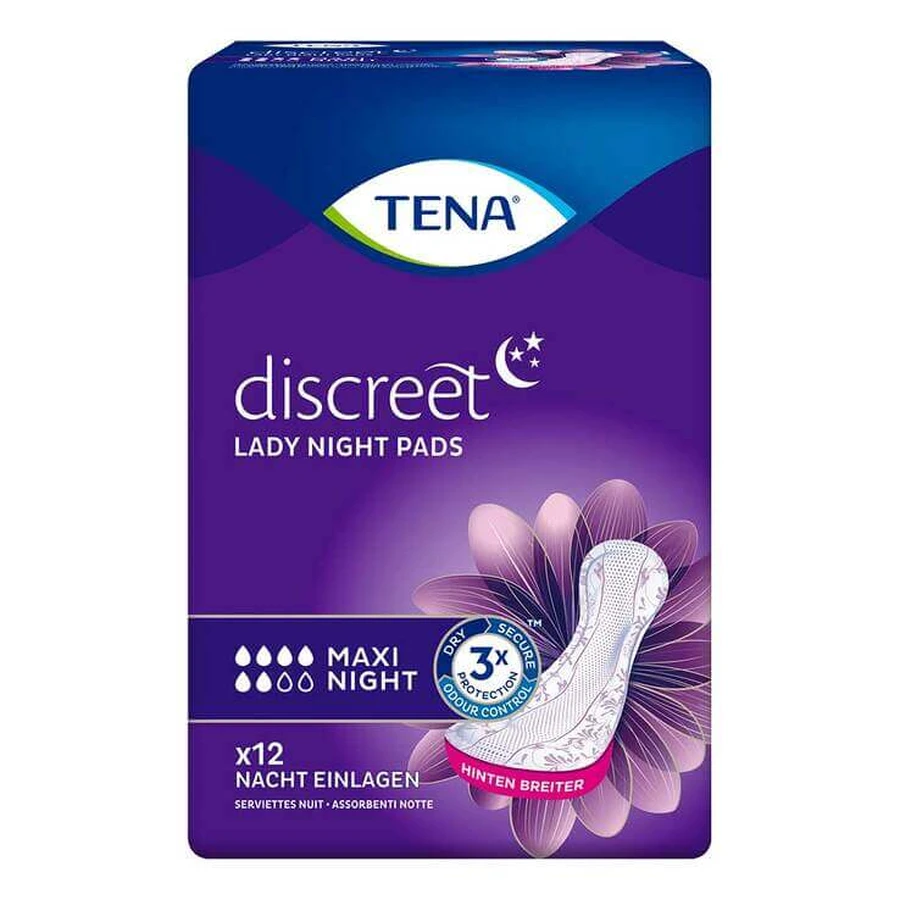 Compresas nocturnas TENA Discreet Maxi para la incontinencia, 12 unidades.