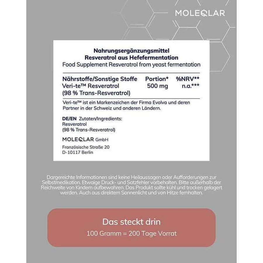 Moleqlar Resveratrol Trans-Resveratrol Powder, 30 g Powder