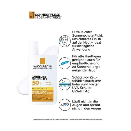 La Roche-Posay Anthelios Fluide Invisible UVMune 400 SPF 50+, 2 x 50 ml de liquide