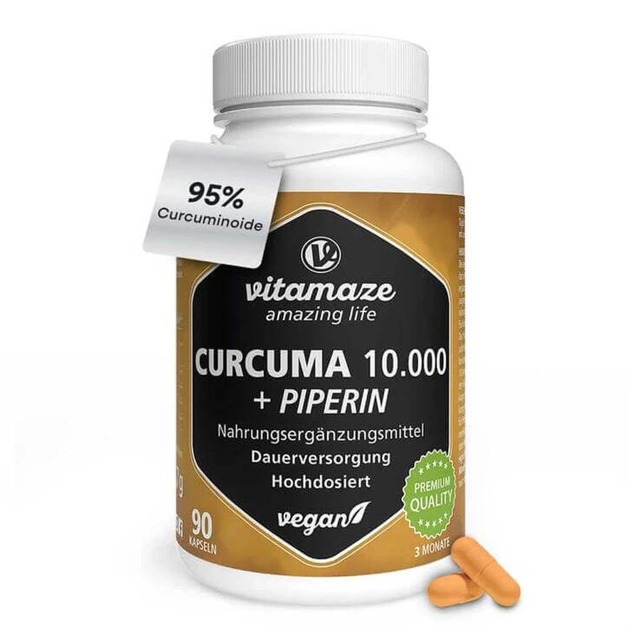 Curcumina 10.000 + piperina, capsule vegane ad alta potenza, 90 capsule