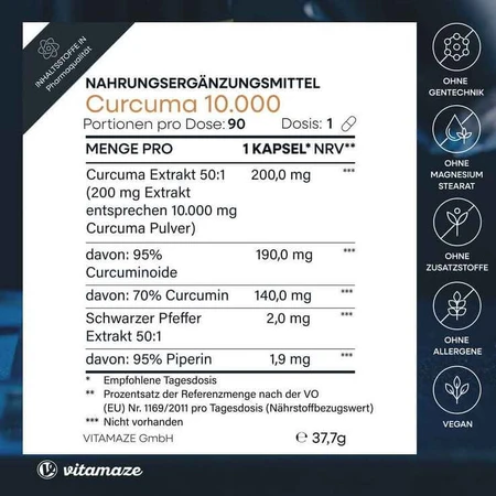 Curcumina 10.000 + piperina, capsule vegane ad alta potenza, 90 capsule