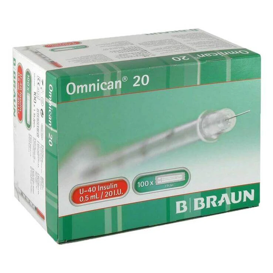 Omnican 20 0,5 ml U-40-insulinespuiten, 2 verpakkingen van elk 100 spuiten