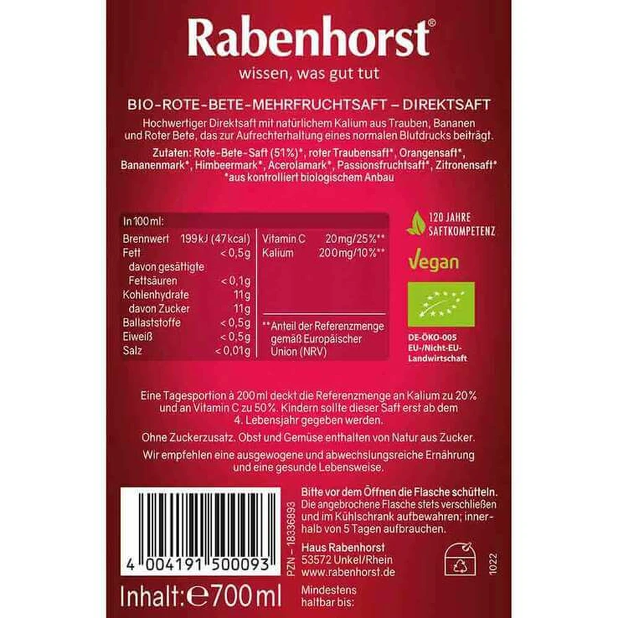 Jus bio Rabenhorst « Tension artérielle équilibrée », 700 ml de jus