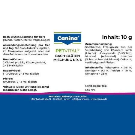 Petvital: Remedios florales de Bach n.º 6 en glóbulos para animales, 10 g de glóbulos