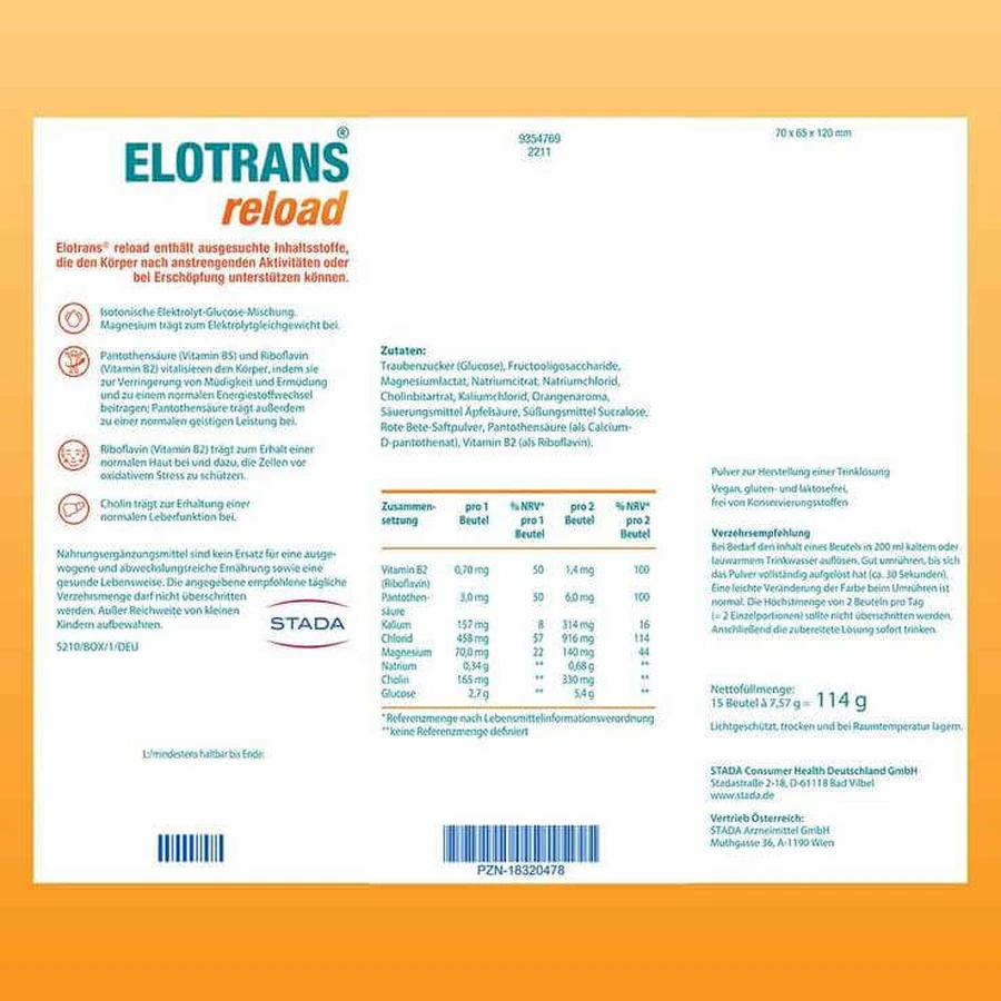 Elotrans Reload: electrolitos en polvo con vitaminas, 2 paquetes de 15 x 7,57 g
