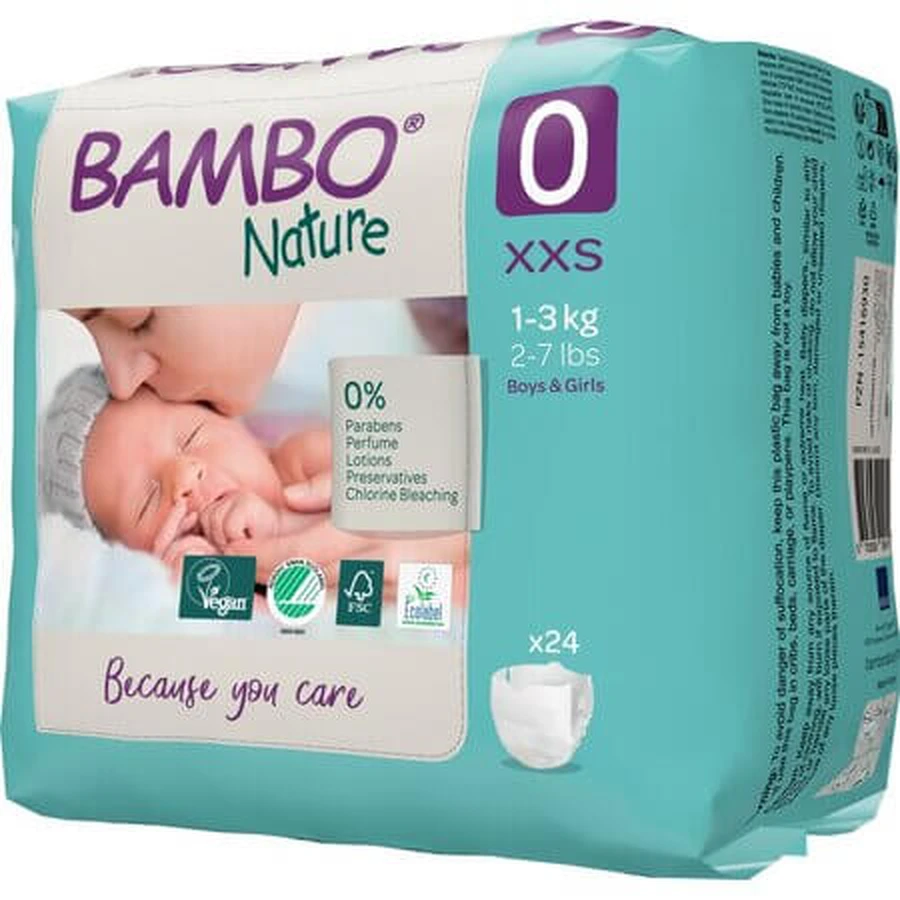 Pañales para bebés prematuros, talla 0, 1-3 kg, paquete de 24, Bambo Nature