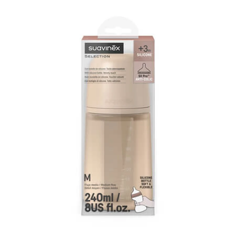 Siliconen babyfles met SX PRo Soft-speen met gemiddelde doorstroming, Colour Essence, beige, vanaf 3 maanden, 240 ml, Suavinex