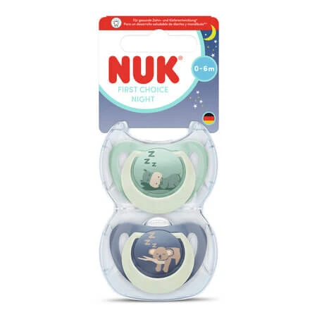 First Choice Night Pacifier Set, Hippo/Koala, 0–6 months, 2-pack, Nuk