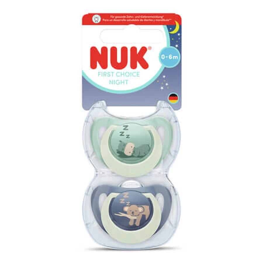 Lot de tétines de nuit First Choice, Hippopotame/Koala, 0 à 6 mois, lot de 2, Nuk