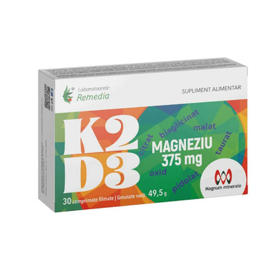K2 + D3 + Magnesium, 375 mg, 30 tablets, Remedia Laboratories