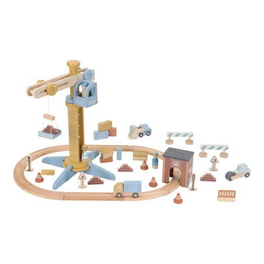 Holzkran mit Zubehör und Eisenbahnschienen, ab 3 Jahren, Little Dutch