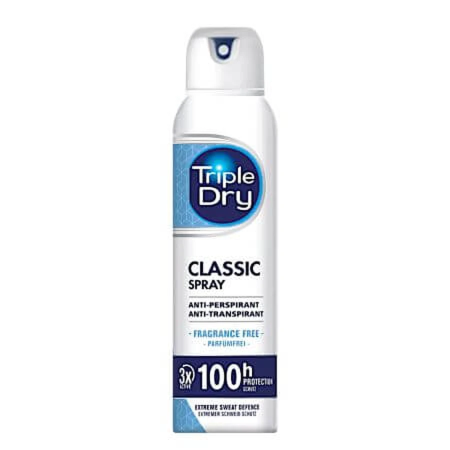 Classic Fragrance-Free Antiperspirant Deodorant Spray, 150 ml, Triple Dry