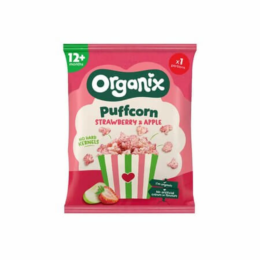 Organix Bio-Puffcorn-Snack mit Erdbeeren und Äpfeln, ab 12 Monaten, 10 g