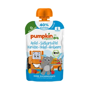 Puré ecológico con espino amarillo, boniato, zanahoria, espelta y frambuesas, 6 lini+, 100 g, Pumpkin Organics