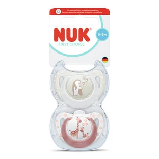 First Choice Pacifier Set, Penguin/Giraffe, 0–6 months, 2-pack, Nuk