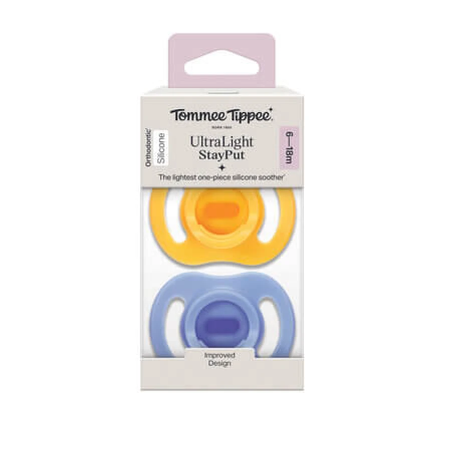 UltraLight Orthodontic Pacifiers, Yellow/Blue, 6–18 Months, 2-Pack, Tommee Tippee