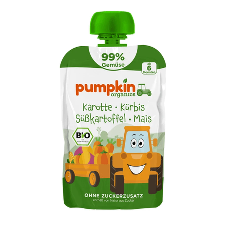 Bio-Püree aus Möhren, Kürbis, Süßkartoffeln und Mais, ab 6 Monaten, 100 g, Pumpkin Organics