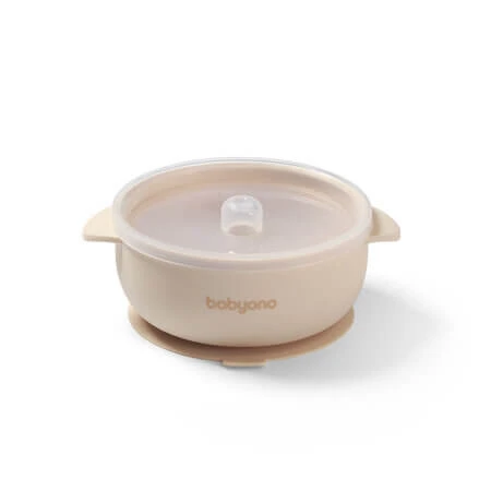 Silicone Bowl with Suction Cup and Lid, Beige, 6 months+, Babyono