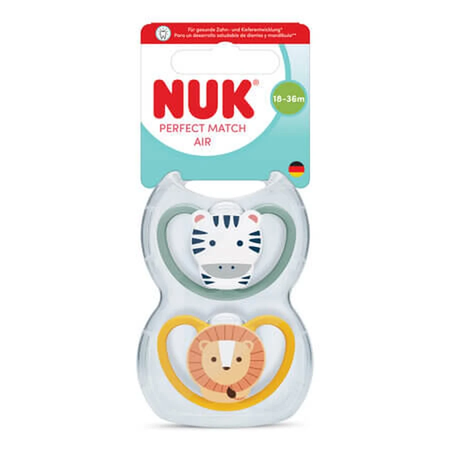 Lot de tétines « Perfect Match Air », Zèbre/Lion, 18 à 36 mois, lot de 2, Nuk
