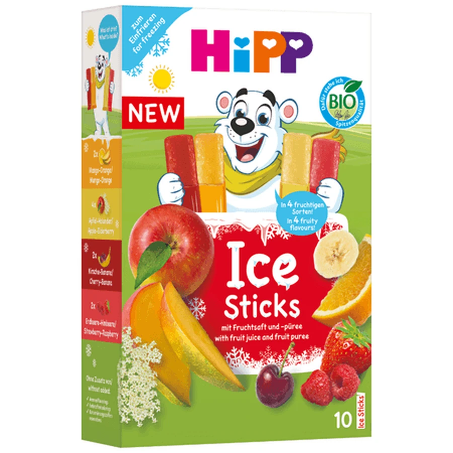 Bio Ice Stick-ijsjes met vruchtensap en fruitpuree, vanaf 3 jaar, 10 stuks à 40 ml, Hipp