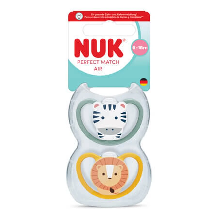 Lot de tétines Perfect Match Air, Zèbre/Lion, 6 à 18 mois, lot de 2, Nuk