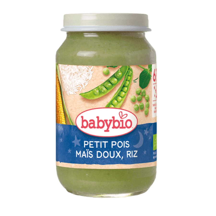 Puré ecológico de guisantes, maíz dulce y arroz, a partir de los 6 meses, 200 g, Babybio