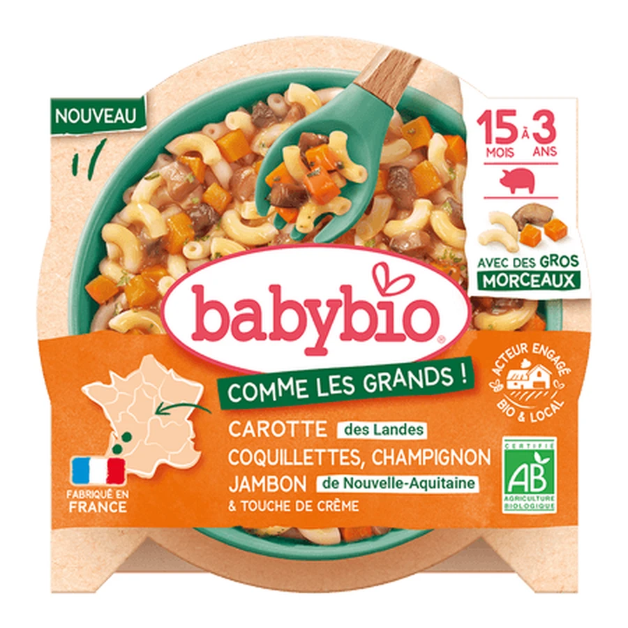Biologisch menu: wortelen, champignons, ham en pasta, vanaf 15 maanden, 200 g, BabyBio