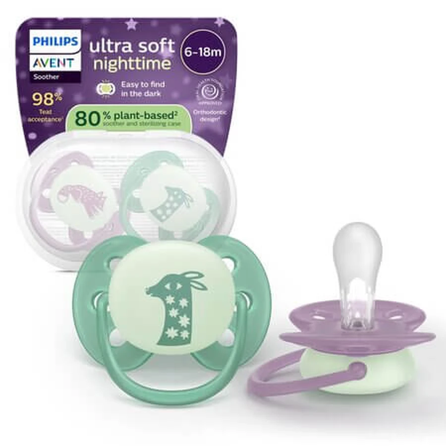 Avent Ultra Soft Glow-in-the-Dark Pacifier Set, Wild, 6–18 months, 2-pack, Philips