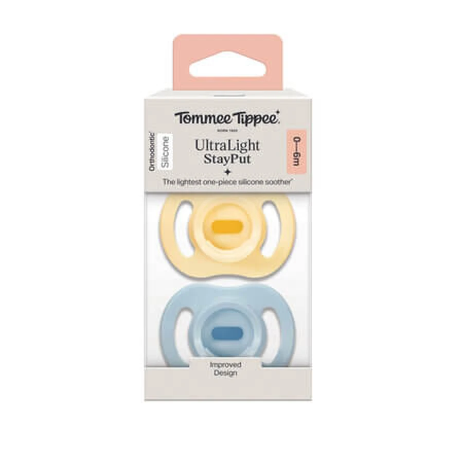 UltraLight-Kieferorthopädische Schnuller, Gelb/Blau, 0–6 Monate, 2er-Pack, Tommee Tippee