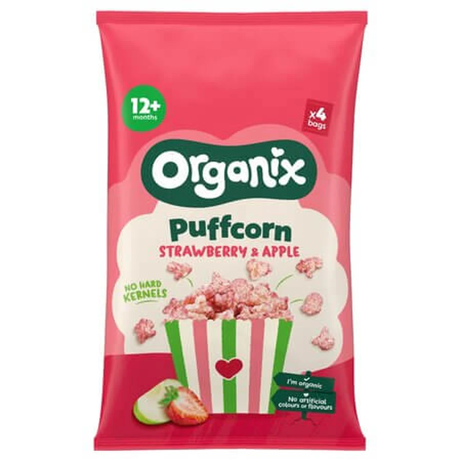 Organix Bio-Puffcorn-Snack mit Erdbeeren und Äpfeln, ab 12 Monaten, 4 x 10 g, Organix