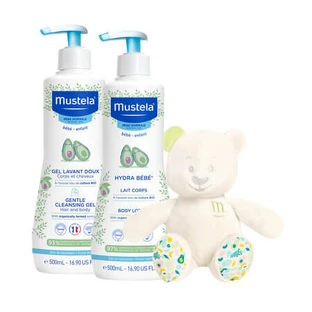Coffret Hydra Bebe : gel nettoyant doux pour les cheveux et le corps et lait corporel, 2 x 500 ml, Mustela