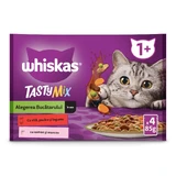 WHISKAS Tasty Mix Chef's Choice, Lachs, Rind und Geflügel, Nassfutter für Katzen in Beuteln (in Soße), Multipack, 85 g x 4