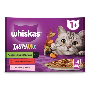 WHISKAS Tasty Mix Chef's Choice, zalm, rundvlees en gevogelte, nat kattenvoer in zakjes (in saus), multipack, 85 g x 4
