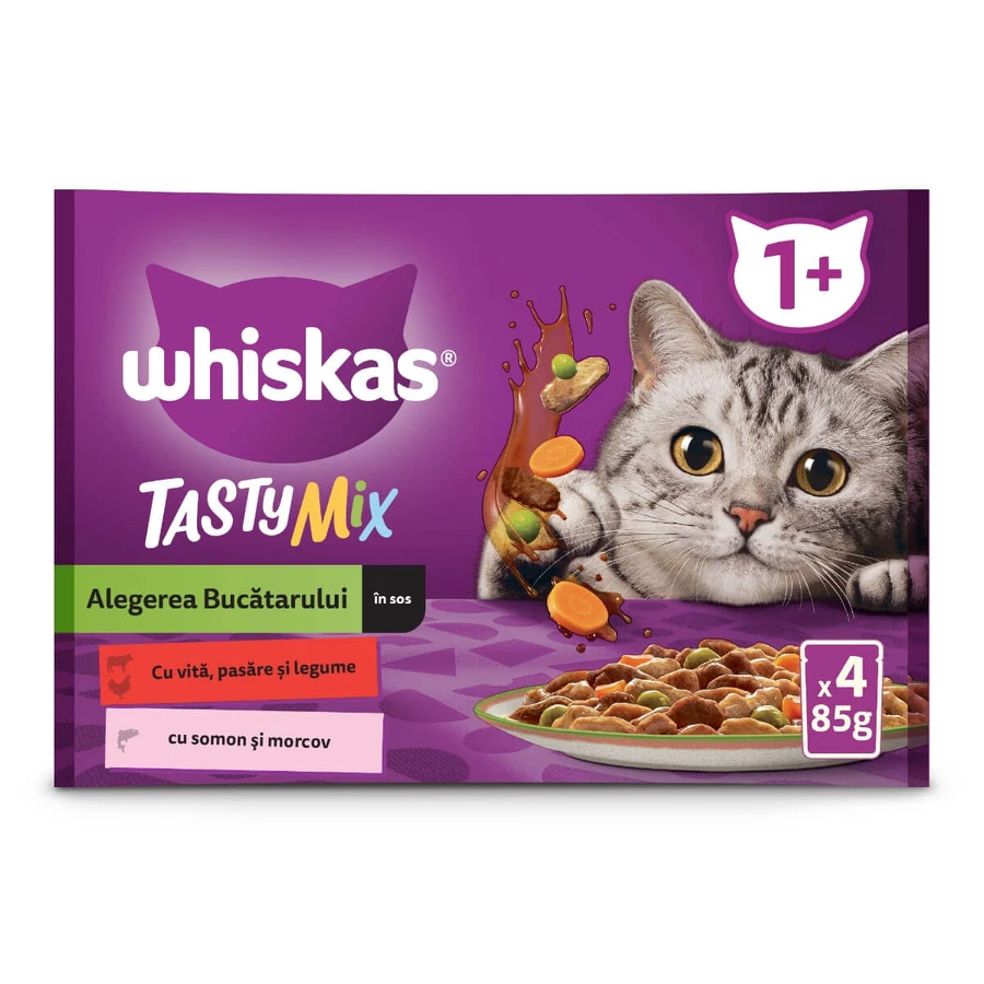 WHISKAS Tasty Mix Chef's Choice, zalm, rundvlees en gevogelte, nat kattenvoer in zakjes (in saus), multipack, 85 g x 4