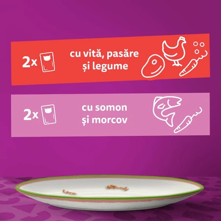 WHISKAS Tasty Mix Chef's Choice, zalm, rundvlees en gevogelte, nat kattenvoer in zakjes (in saus), multipack, 85 g x 4