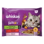 WHISKAS Tasty Mix Chef's Choice, zalm, rundvlees en gevogelte, nat kattenvoer in zakjes (in saus), multipack, 85 g x 4