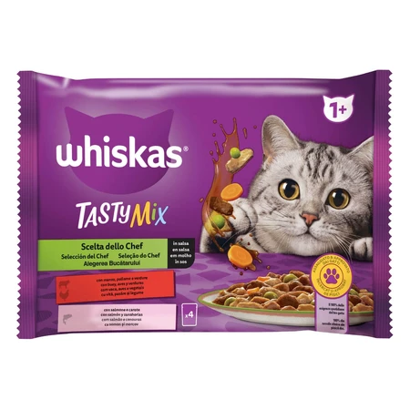 WHISKAS Tasty Mix Chef's Choice, zalm, rundvlees en gevogelte, nat kattenvoer in zakjes (in saus), multipack, 85 g x 4