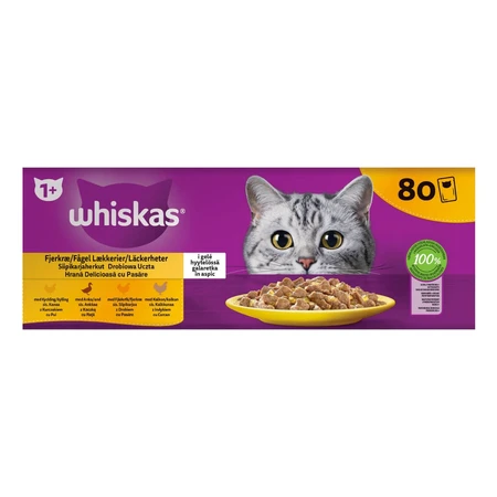 WHISKAS 1+ Poultry Feasts Selections, aves, comida húmeda para gatos en bolsitas (en gelatina), paquete múltiple, 85 g x 80