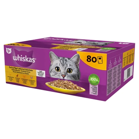 WHISKAS 1+ Poultry Feasts Selections, aves, comida húmeda para gatos en bolsitas (en gelatina), paquete múltiple, 85 g x 80
