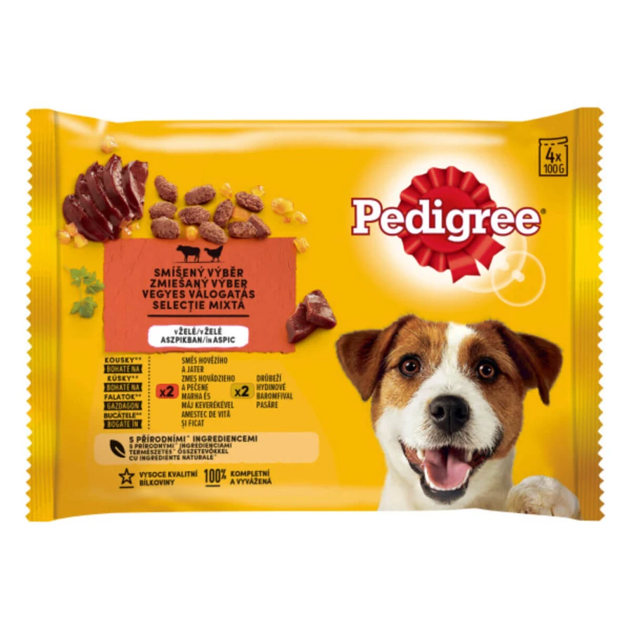 PEDIGREE Mixed Selection, XS-XL, rundvlees en gevogelte, zakjes nat hondenvoer (in aspic), multipack, 100 g x 4