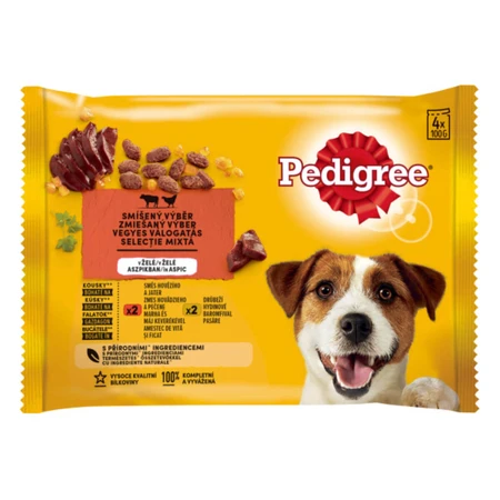 PEDIGREE Mixed Selection, XS-XL, rundvlees en gevogelte, zakjes nat hondenvoer (in aspic), multipack, 100 g x 4