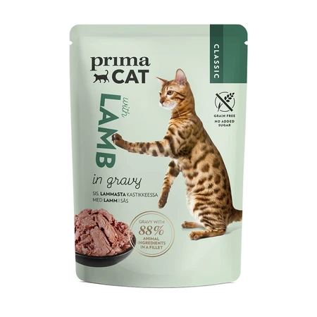 PRIMA CAT Classic, agneau, aliments humides pour chat sans céréales en sachets (en sauce), carton de 28 sachets de 85 g