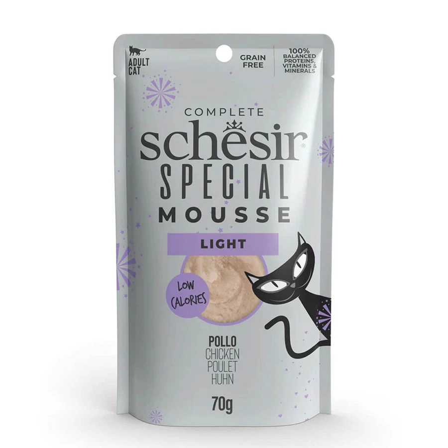 SCHESIR Special Light, Chicken, grain-free wet cat food pouch, for cats with obesity, (mousse), 70g