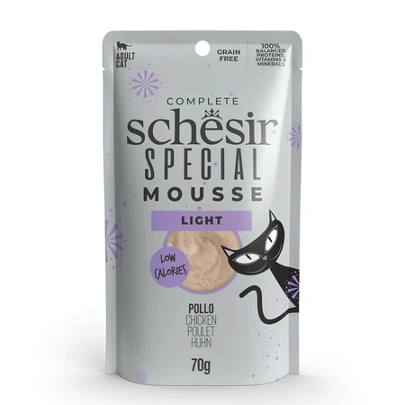 SCHESIR Special Light, Chicken, grain-free wet cat food pouch, for cats with obesity, (mousse), 70g