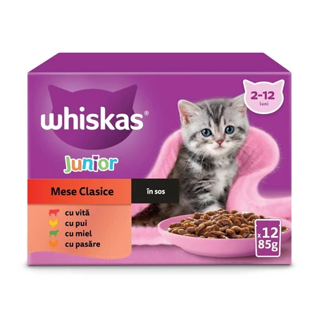 WHISKAS Junior Classic Selections, lam, rundvlees, kip en gevogelte, natvoer voor katten in zakjes (in saus), multipack, 85 g x 12