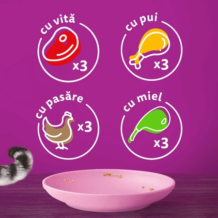 WHISKAS Junior Classic Selections, lam, rundvlees, kip en gevogelte, natvoer voor katten in zakjes (in saus), multipack, 85 g x 12