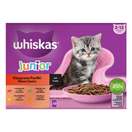 WHISKAS Junior Classic Selections, lam, rundvlees, kip en gevogelte, natvoer voor katten in zakjes (in saus), multipack, 85 g x 12