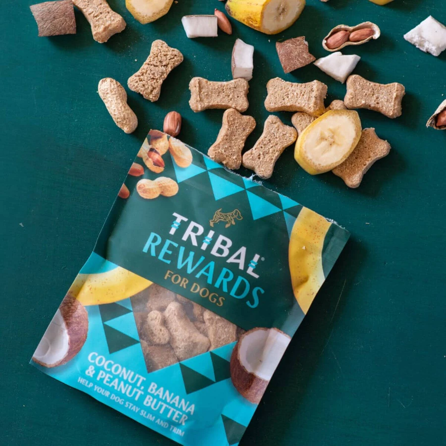 TRIBAL Rewards, XS–XL, Kokosnuss und Banane, praktischer Beutel für Hundeleckerlis, für übergewichtige Hunde, 125 g